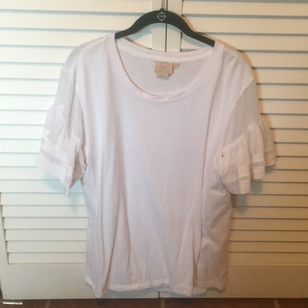 White dressy t material with ruffled sleeves